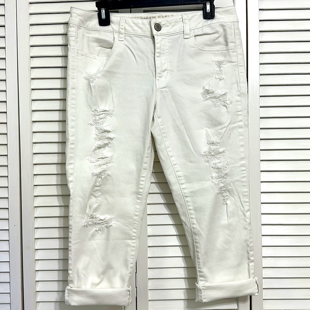 American Eagle Outfitters Jegging Crop Distressed White Denim Boyfriend Jeans 12